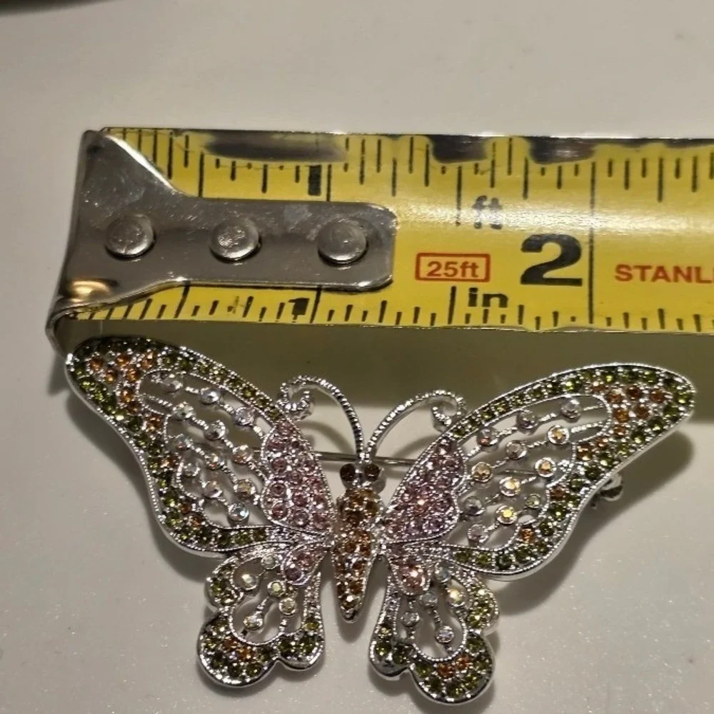 VTG Multi-Color Rhinestone Butterfly Brooch Silver Filigree‎ Spring Jewelry - Picture 7 of 12